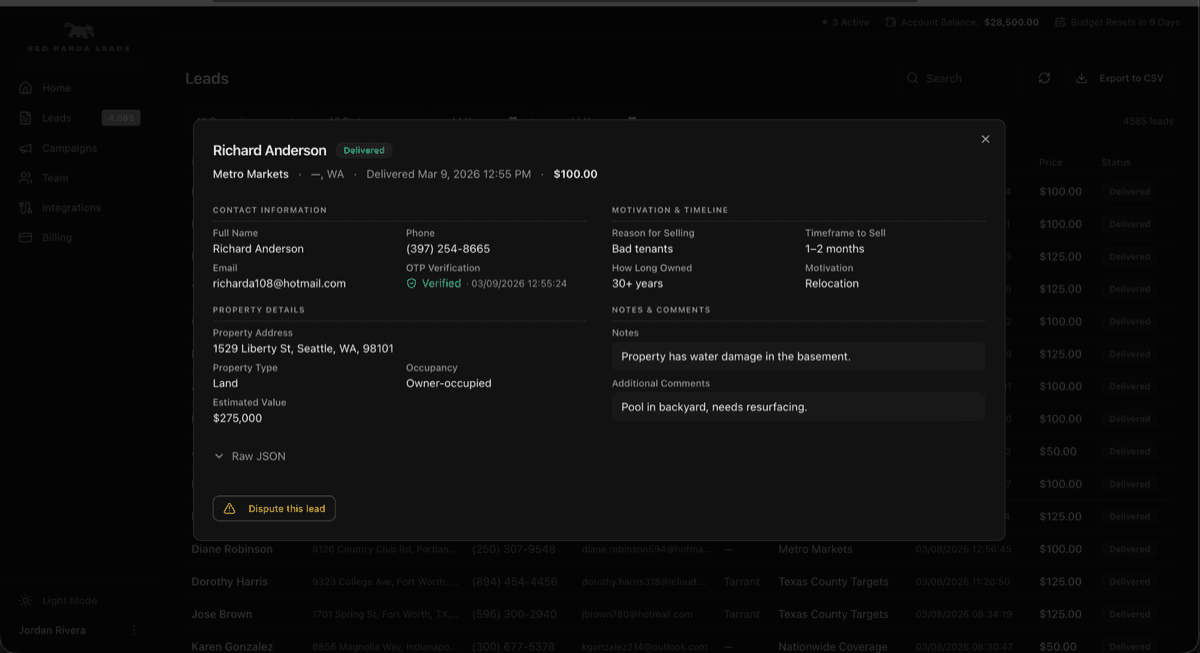 Red Panda Leads lead detail modal with OTP verification badge, motivation scoring, and property data